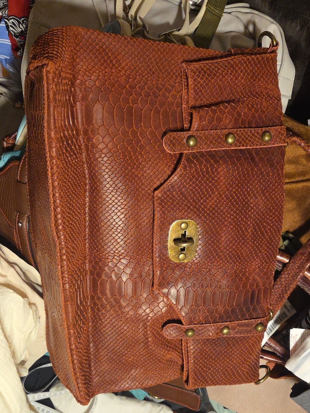 Men's Cognac Textured Leather Messenger Bag with Turn-Lock